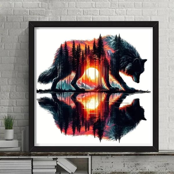 OBOSOE Wolf Diamond Art - 5D-eläin pyöreä DIY-timanttimaalaus, seinäkoriste (35x35 cm)