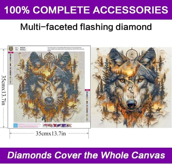 OBOSOE Diamantmaleri & Diamantmaleri – 5D Rund Fuld Drill DIY Wolf Art Kit Gave & Vægdekoration – 35×35 cm