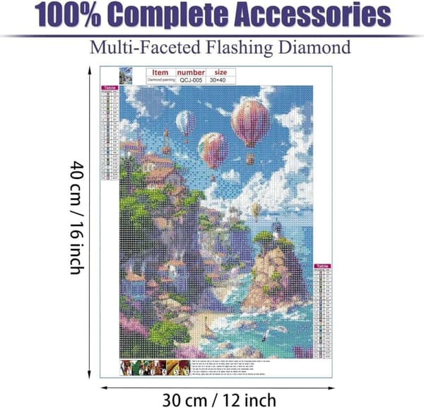 OBOSOE timanttimaalaus ja timanttimaalaus – 5D-täyspora DIY-maisemataidetta (30×40 cm), kuumailmapallo ja merinäköala
