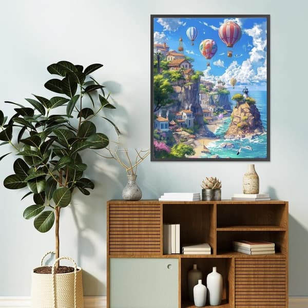 OBOSOE timanttimaalaus ja timanttimaalaus – 5D-täyspora DIY-maisemataidetta (30×40 cm), kuumailmapallo ja merinäköala