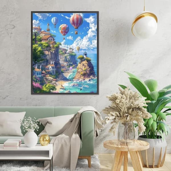 OBOSOE timanttimaalaus ja timanttimaalaus – 5D-täyspora DIY-maisemataidetta (30×40 cm), kuumailmapallo ja merinäköala