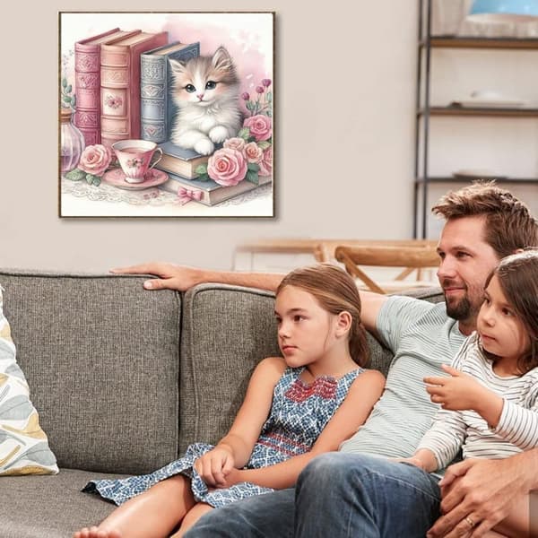 OBOSOE Diamond Painting & Diamantmålning – 5D Full Drill DIY Väggdekor (30×30 cm), Katt med Bokmotiv