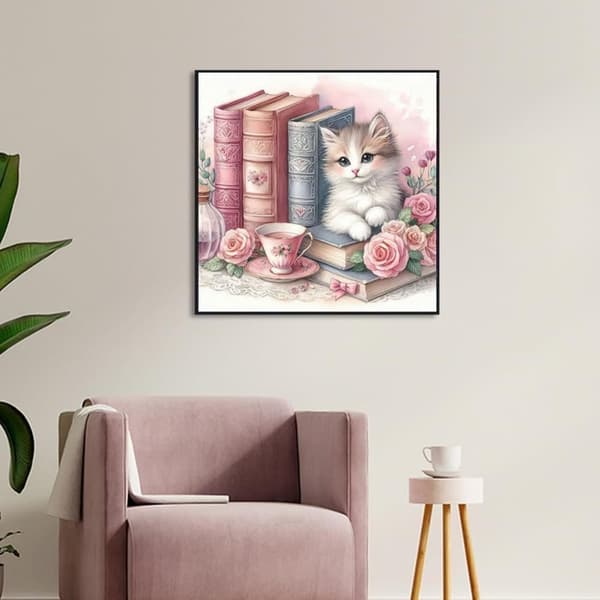 OBOSOE Diamond Painting & Diamantmålning – 5D Full Drill DIY Väggdekor (30×30 cm), Katt med Bokmotiv