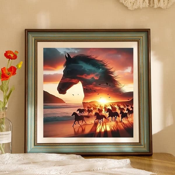 OBOSOE Horse Diamond Crafts - 5D pyöreä täyspora DIY timanttitaidesarja aikuisille, seinäkoriste (35x35 cm)