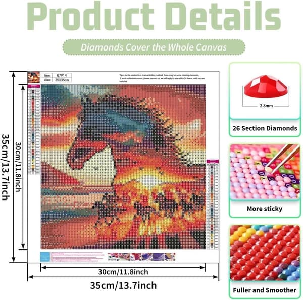 OBOSOE Horse Diamond Crafts - 5D pyöreä täyspora DIY timanttitaidesarja aikuisille, seinäkoriste (35x35 cm)