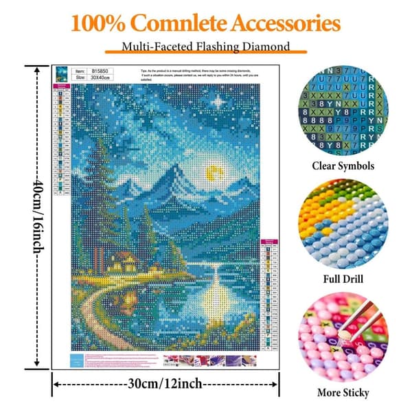 OBOSOE Diamond Painting - Moonlight Mountain Lake Cottage 5D DIY timanttimaalaus, 30x40cm