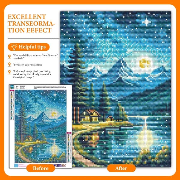 OBOSOE Diamond Painting - Moonlight Mountain Lake Cottage 5D DIY timanttimaalaus, 30x40cm