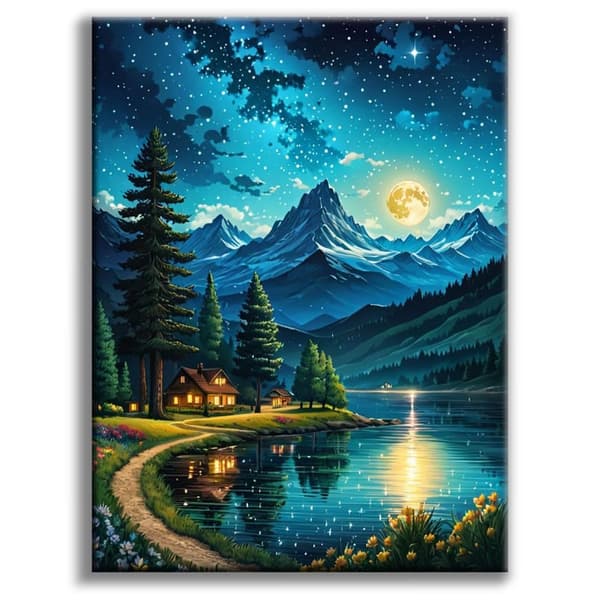 OBOSOE Diamond Painting - Moonlight Mountain Lake Cottage 5D DIY timanttimaalaus, 30x40cm
