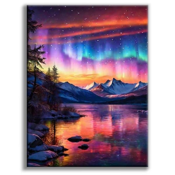 OBOSOE Diamond Painting - Aurora Borealis Över Fjällsjö 5D DIY Diamantmålning, 30x40cm