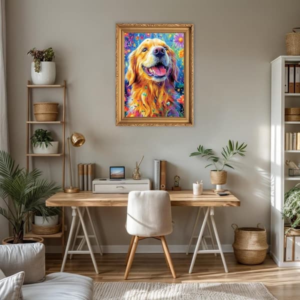 OBOSOE 5D Timanttimaalaus – Söpö kultainennoutaja ja kukkia, Full Drill DIY-helmikirjonta (30x40 cm) – Eläinaiheita kodin sisustukseen