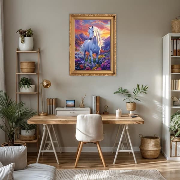 OBOSOE 5D-timanttimaalaus – Hevonen ja kukkia auringonlaskun aikaan, Full Drill DIY-helmikirjonta (30x40 cm) – Eläinaihe seinäkoristeluun