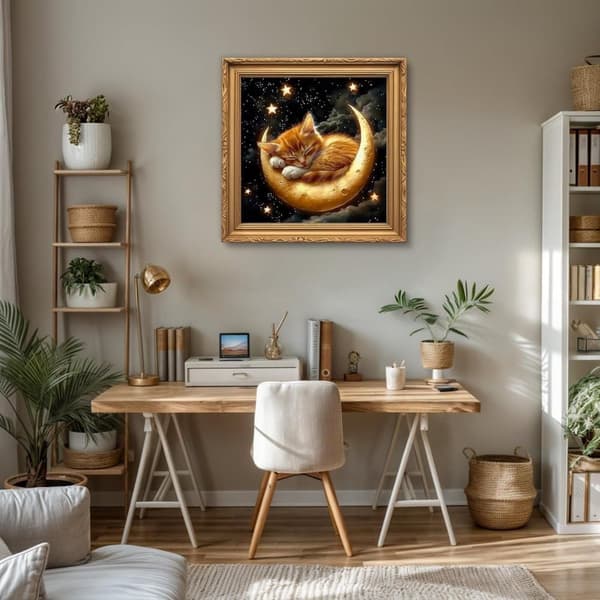 OBOSOE 5D helmikirjonta – Cat & Moon, Full Drill DIY (30x30 cm) – Kodikas eläinaihe seinälle