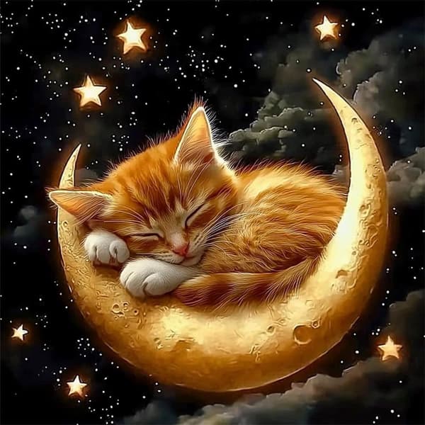 OBOSOE 5D helmikirjonta – Cat & Moon, Full Drill DIY (30x30 cm) – Kodikas eläinaihe seinälle