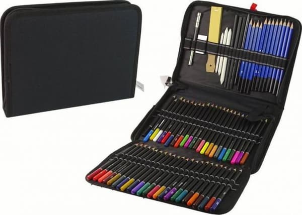 Kit för ritning Leantoys - 16137 - Liten konstnärsset med färgpennor i en pennskrin 95 delar.