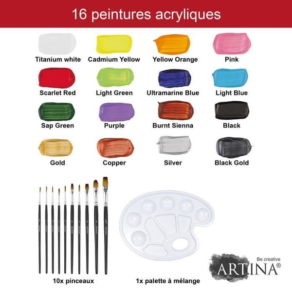 Artina Paint Kit 27st Bergamo - 10 akrylfärger à 75ml, 4 metalliska färger, set med 10 penslar, 1 blandningspalett