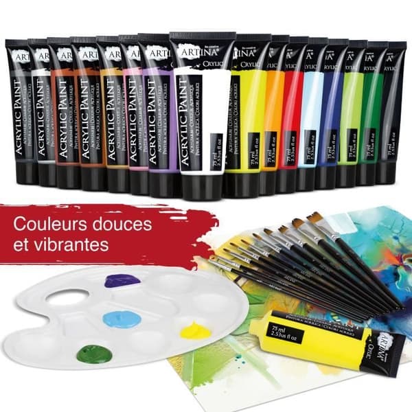Artina Paint Kit 27st Bergamo - 10 akrylfärger à 75ml, 4 metalliska färger, set med 10 penslar, 1 blandningspalett