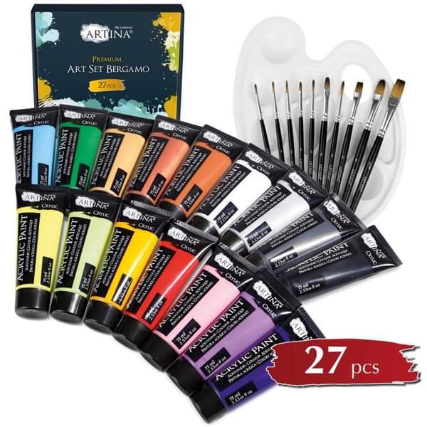 Artina Paint Kit 27st Bergamo - 10 akrylfärger à 75ml, 4 metalliska färger, set med 10 penslar, 1 blandningspalett