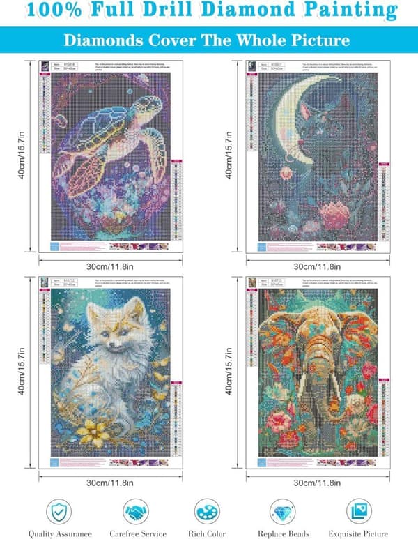 Bomclap Diamantmaleri 4-pak – 5D Diamantmaleri til voksne Dyremotiver (30x40 cm)