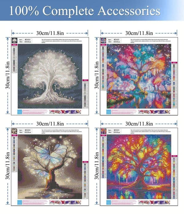 Bomclap Diamond Painting 4 kpl – 5D timanttimaalaus pyöreät kappaleet täysi pora (30x30 cm)