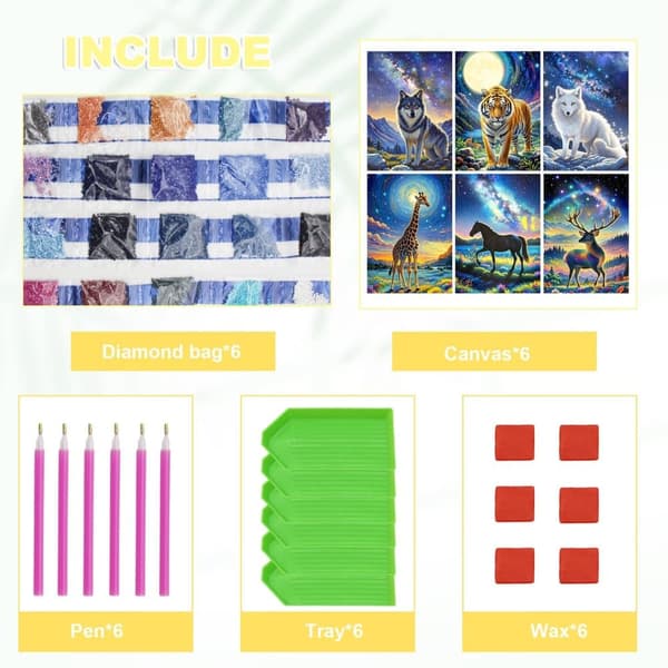 Bomclap Diamond Painting 6 kpl – 5D-timanttimaalaus pyöreät kappaleet Full Drill (30x40 cm) Eläinaihe
