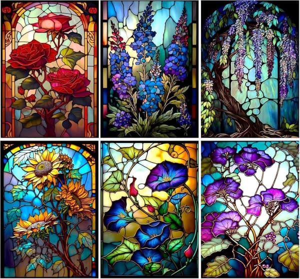 Bomclap Diamond Painting 6-pack – 5D Diamantmålning Blommor Färgat Glas Full Drill (30x40 cm)
