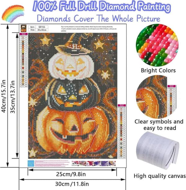 Bomclap Timanttimaalaussarja aikuisille – Kurpitsa- ja Halloween-aihe, 5D-helmitaide – DIY-maalaus seinäkoristeluun ja lahjaksi