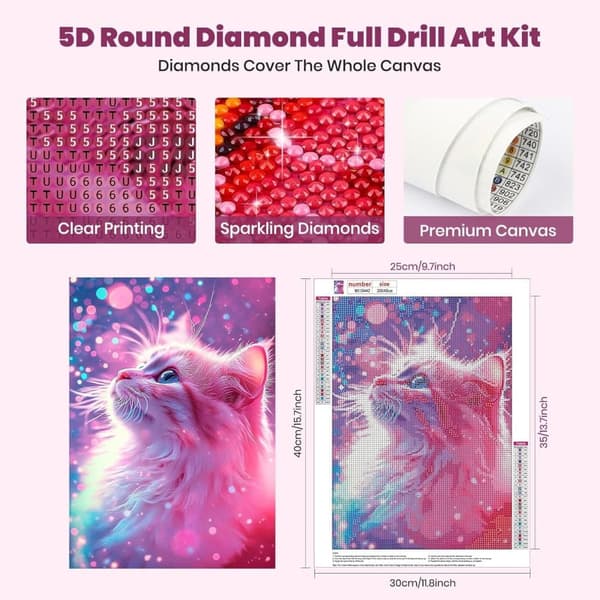 Bomclap Art Kit til voksne - 5D diamantmaleri med kattemotiv, DIY fuld dækning for begyndere