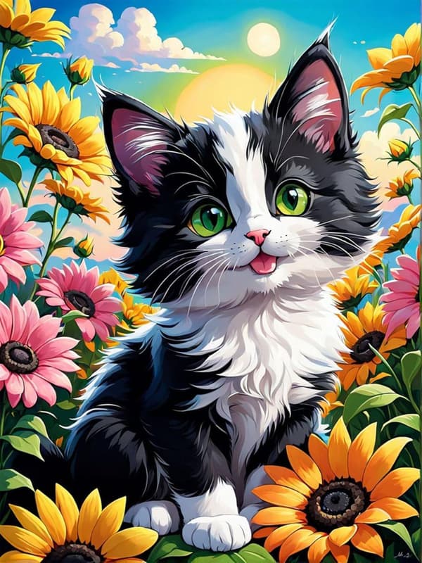 Bomclap Cat & Flowers 5D Timanttitaide, Timanttimaalaus Aikuisille Aloittelijoille 30x40cm