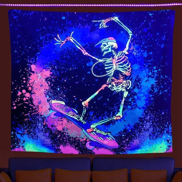VÆGDEKORATION UV-BILLEDE Fluorescerende GOBELTÆN REFLEKTIV Skeletskøjte