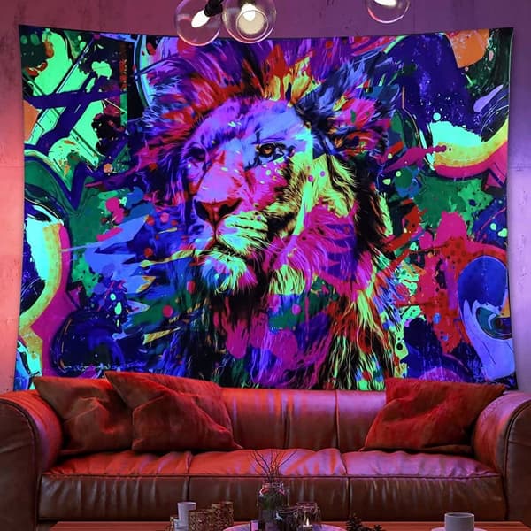 UV-VÆGDEKORATION Fluorescerende BILLEDGOPP REFLEKTIV 150x150cm XL Løve