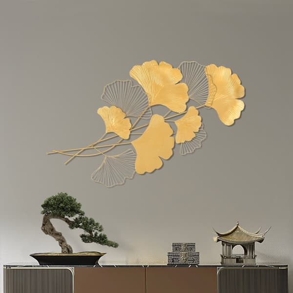 Metal Ginkgo Blade Vægdekoration, Håndlavet Jernkunst, Letvægts og Moderne, 55 cm x 110 cm