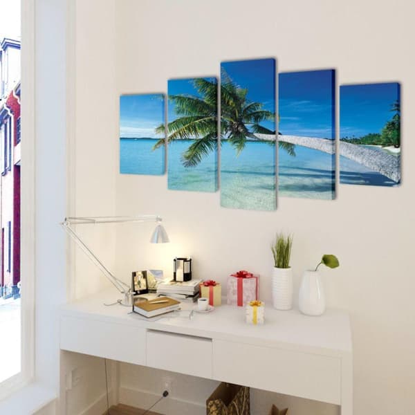 vidaXL Uppsättning väggbonader på duk: strand med palm 200 x 100 cm