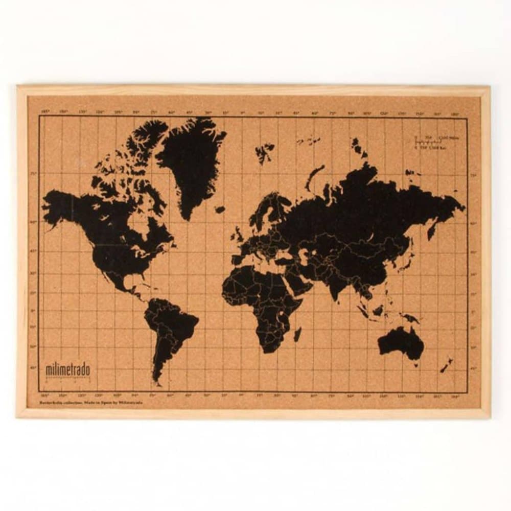 milimetrado Anslagstavla världskarta med träram svart & brun 70x50 cm