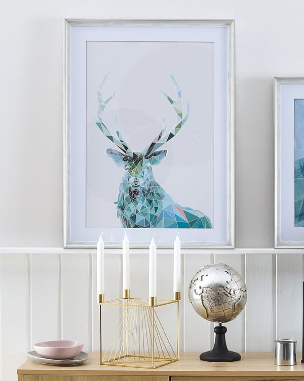 Billedvæg Plakat Lærred Blå Flerfarvet Glas med Ramme 60 x 80 cm Vægdekoration til Hjemmet Stue Kunstplakat Skandinavisk Rensdyr Motiv Design