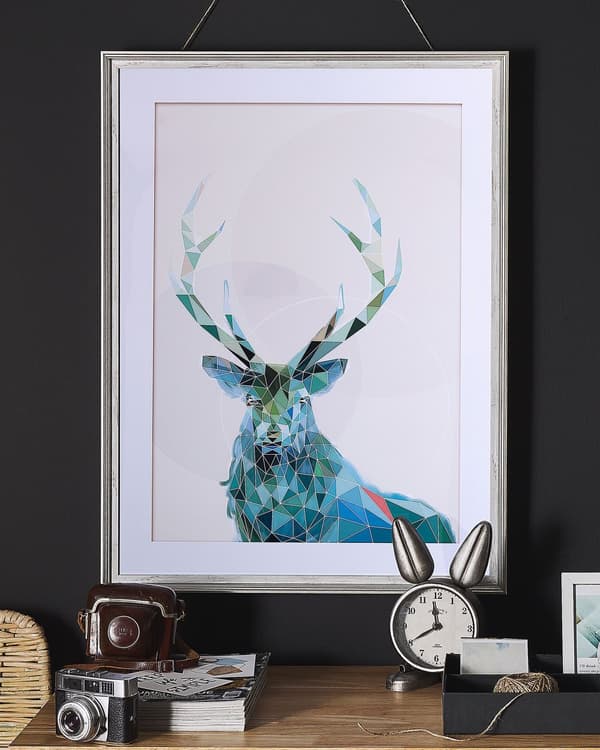 Billedvæg Plakat Lærred Blå Flerfarvet Glas med Ramme 60 x 80 cm Vægdekoration til Hjemmet Stue Kunstplakat Skandinavisk Rensdyr Motiv Design