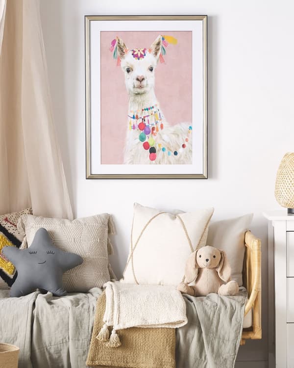 Indrammet vægkunst dekoration Lama Print lyserød Messing Stel 60 x 80 cm Passepartout Børneværelse Boho