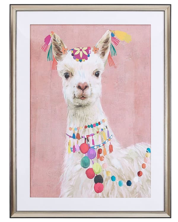 Indrammet vægkunst dekoration Lama Print lyserød Messing Stel 60 x 80 cm Passepartout Børneværelse Boho