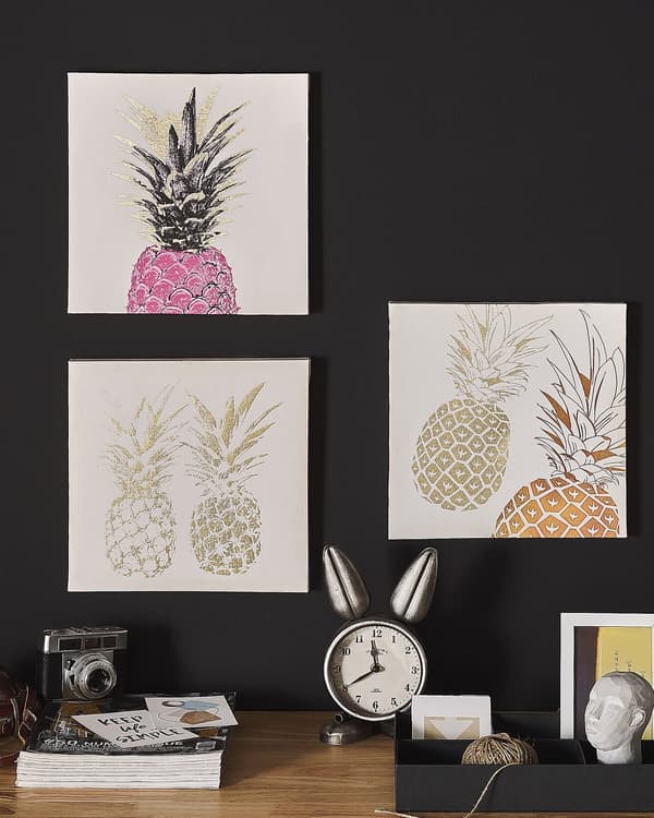 Sæt med 3 Lærredstryk Guld og Lyserød 30 x 30 cm Ananas Frugt Vægkunst Dekoration Nylon