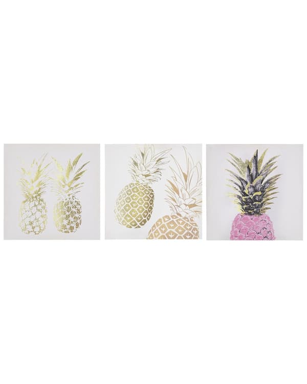 Sæt med 3 Lærredstryk Guld og Lyserød 30 x 30 cm Ananas Frugt Vægkunst Dekoration Nylon