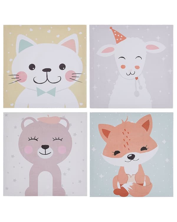 Taulu monivärinen kangas 30 x 30 cm neliö 4 kpl setti eläin teema lastenhuoneeseen