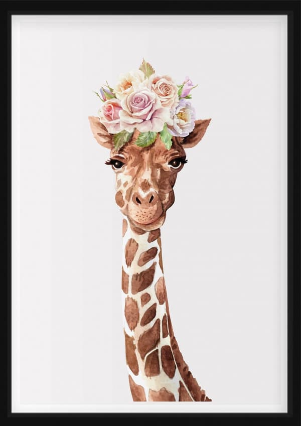 PLAKAT - Giraffe med blomster på hovedet
