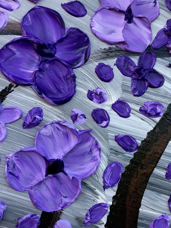 Maleri med lilla blomster – Håndlavet teksturkunst