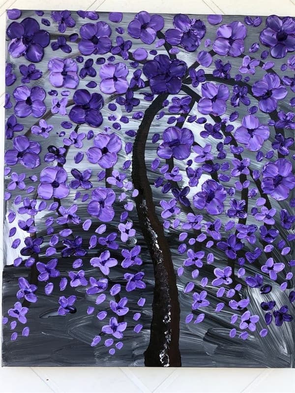 Maleri med lilla blomster – Håndlavet teksturkunst