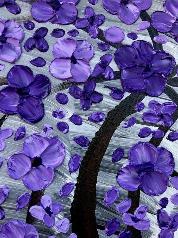 Maleri med lilla blomster – Håndlavet teksturkunst
