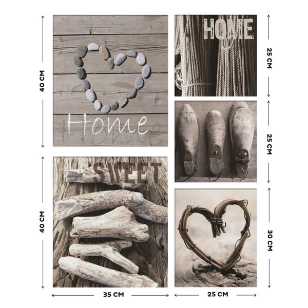 Art for the Home - Lærred Sæt med 5 - Home Sweet Home - Grå - 60x80 cm
