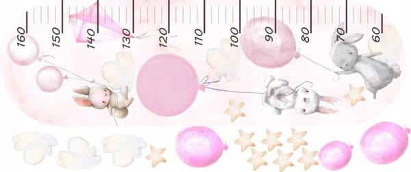 Veggklistremerke - Kaniner med rosa ballonger / Høydemål