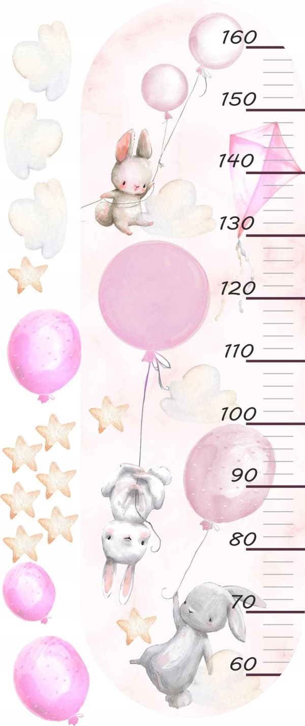 Veggklistremerke - Kaniner med rosa ballonger / Høydemål