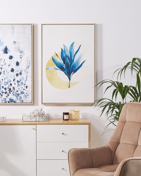 Billedvæg Lærred Beige Blå MDF 63 x 93 cm med Botanisk Mønster Blomst Kunst Stue over Sofa Indretning Soveværelse Væg Maleri over Seng Design