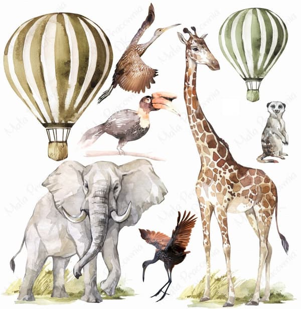 Wallsticker - Savannah Africa elefant, giraf, luftballon