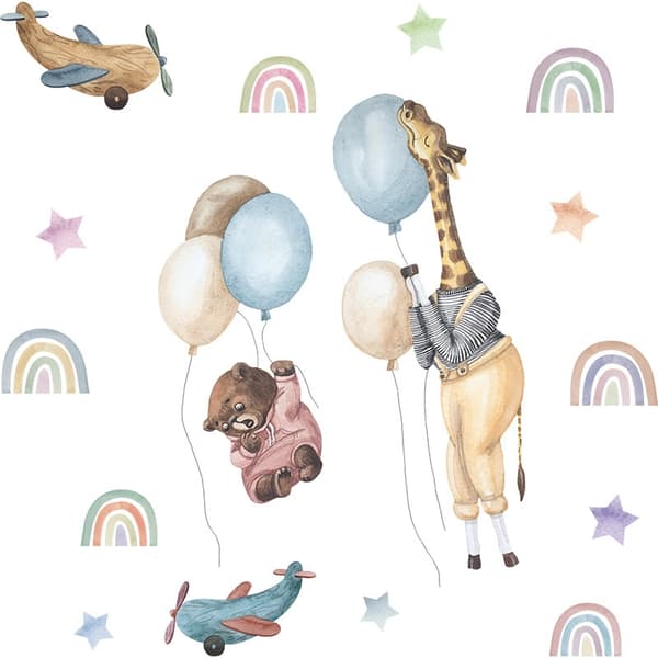 Veggklistremerke - Sjiraff og bjørn med ballonger